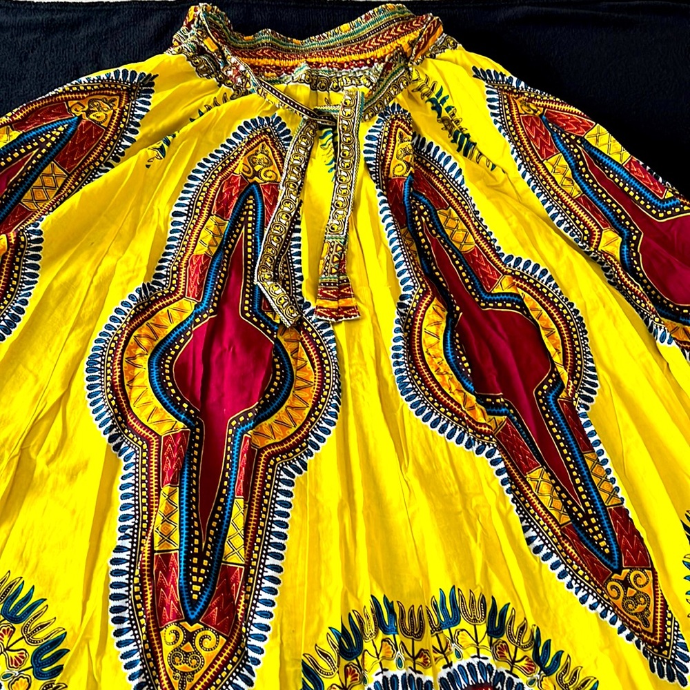 Long dashiki skirt with elastic waist, belt inserts plus deep pockets